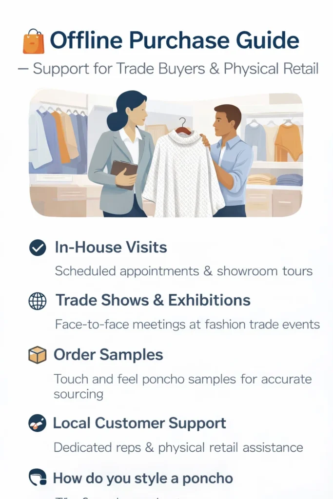 Offline purchase guide supporting trade buyers and physical retail with in-house visits, sample orders and showroom support