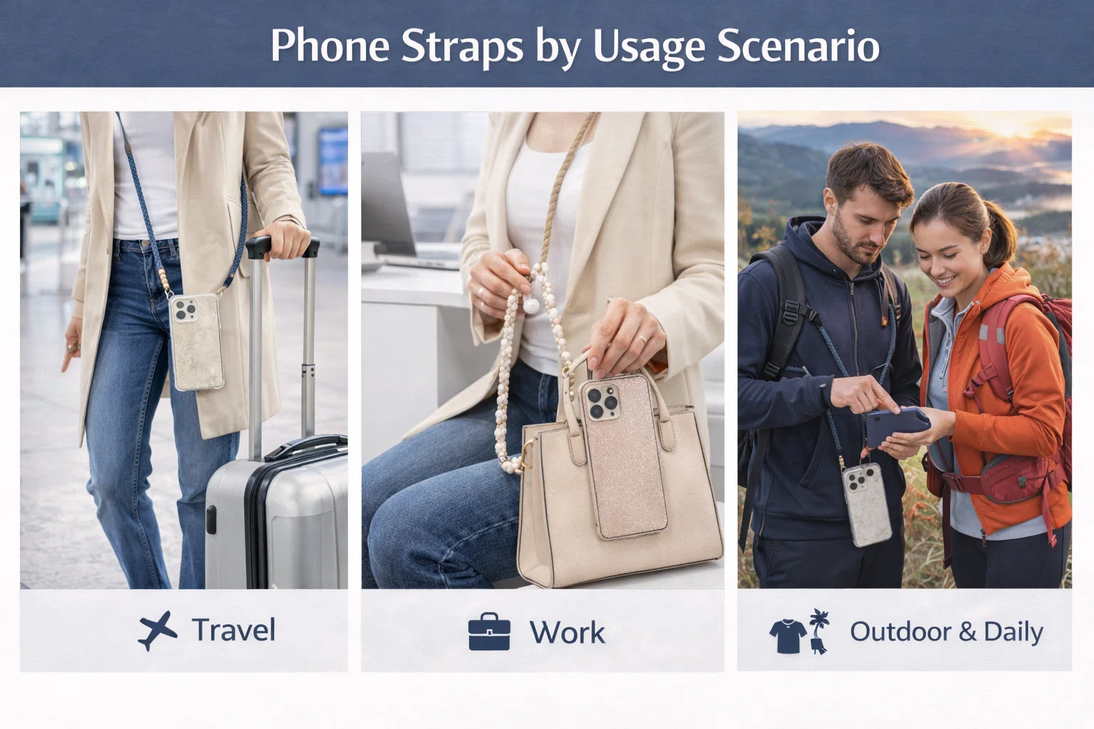 Phone straps by usage scenario, suitable for travel, work, outdoor and daily use retail programs