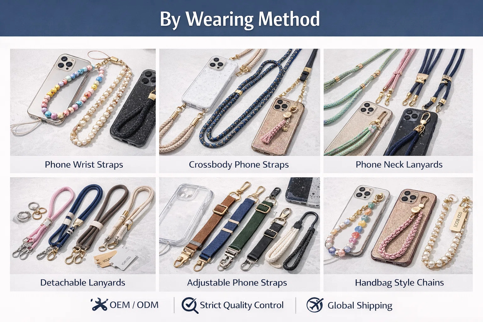 Fashion phone straps by wearing style, including crossbody, neck and wrist phone lanyards for wholesale buyers