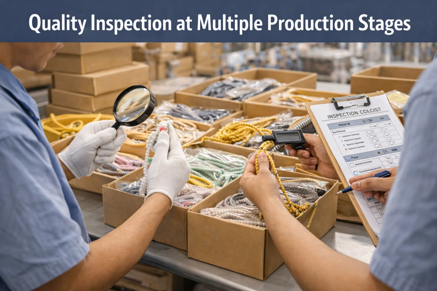 Quality inspection at multiple production stages for phone straps and phone lanyards, ensuring consistent wholesale production quality.