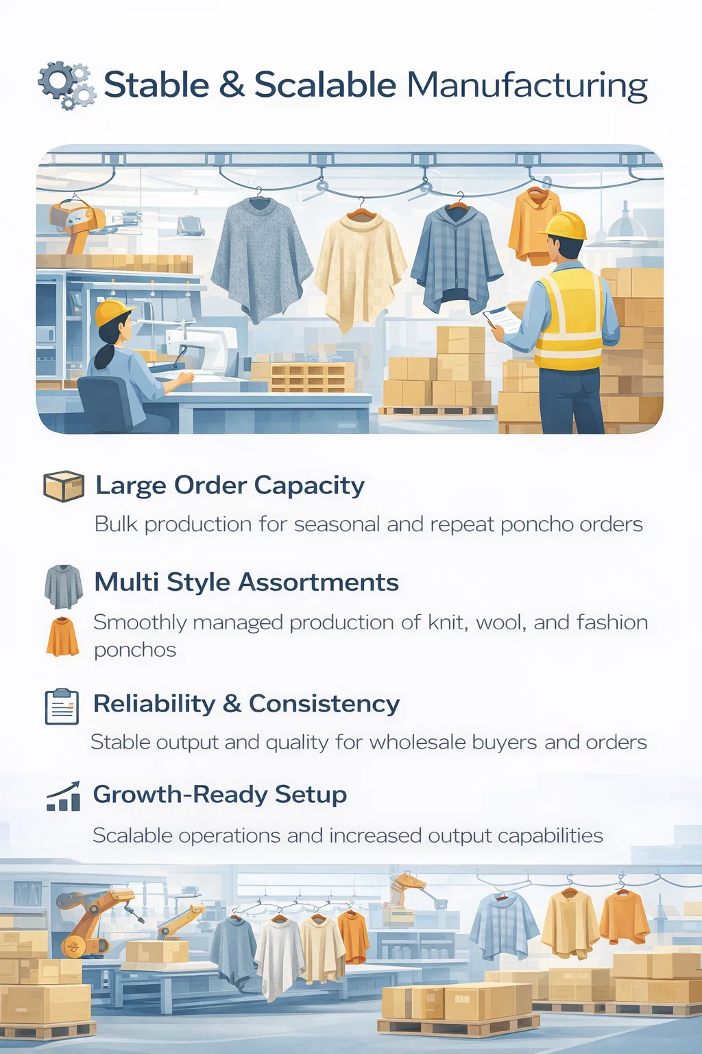 Stable and scalable poncho manufacturing supporting bulk production, multi-style assortments and repeat wholesale orders