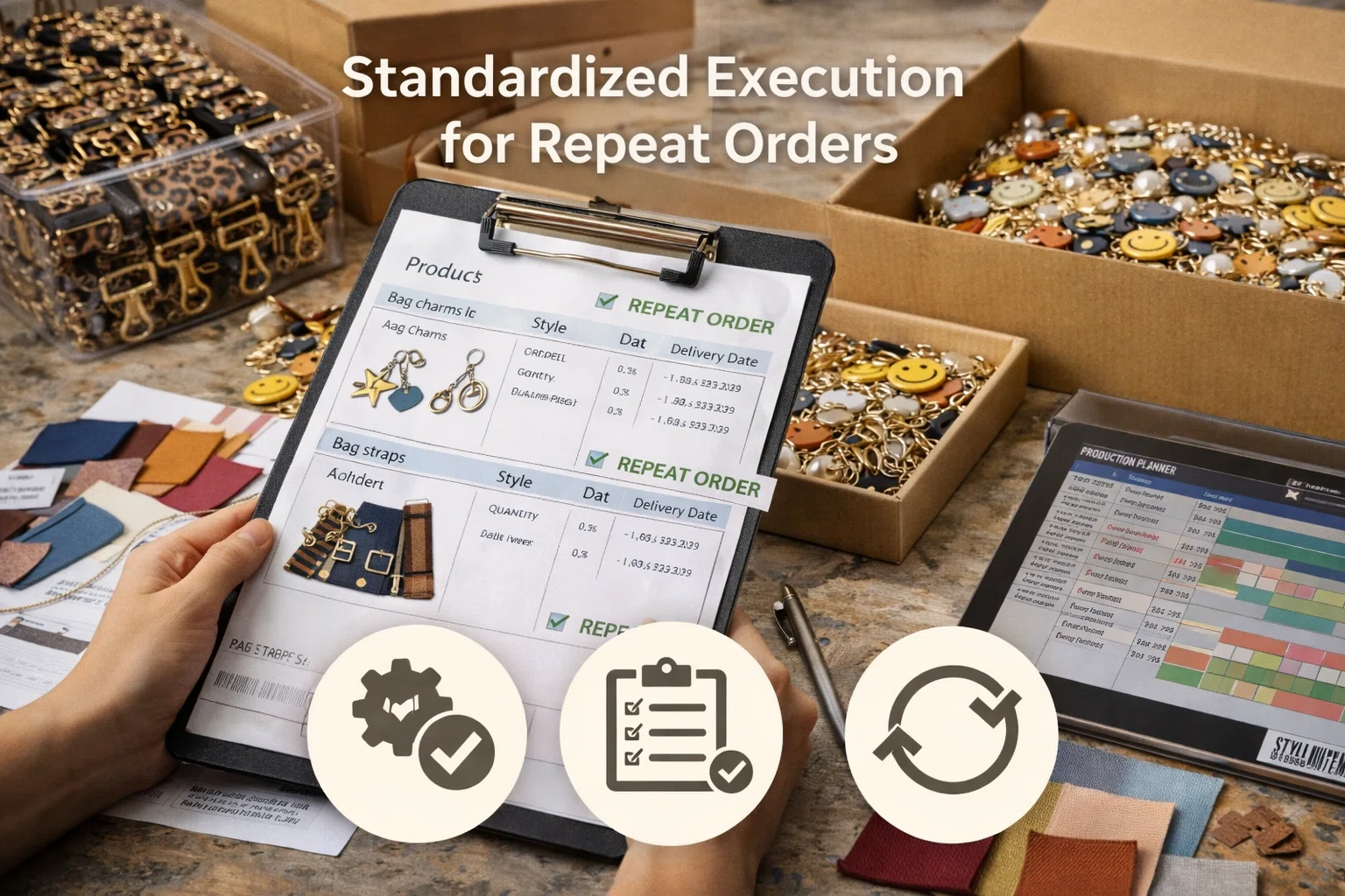 Standardized execution for repeat orders of bag charms and bag straps arms bag straps