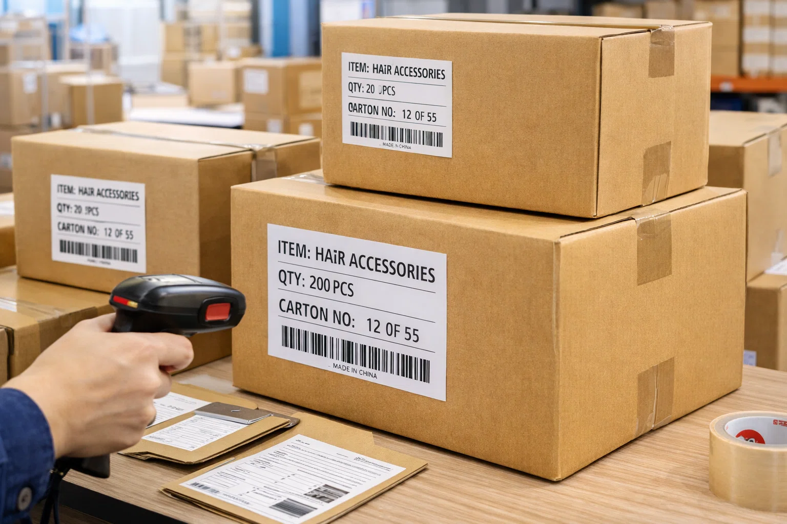 Wholesale hair accessories order coordination with carton labeling and barcode scanning for delivery control