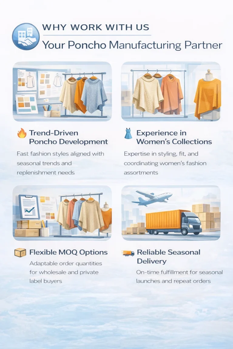 Why work with us as a poncho manufacturing partner, offering trend-driven development, women’s collection expertise, flexible MOQs and reliable delivery